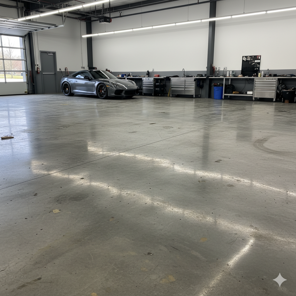 Clean grey concrete garage floor with Porsche before metallic epoxy coating
