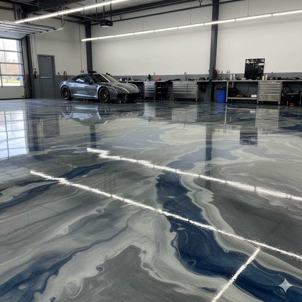 Showroom garage with Porsche after stunning dark metallic epoxy floor