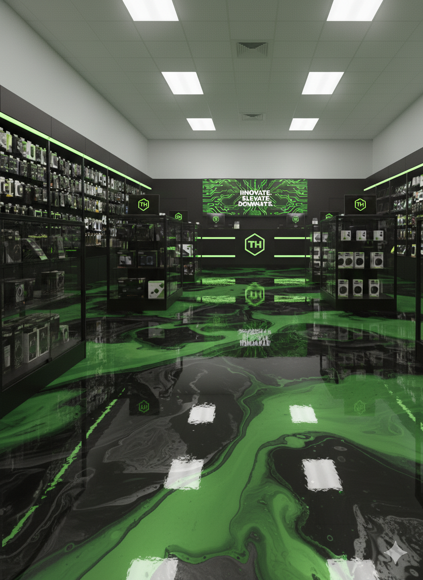 Tech retail store after green and black metallic epoxy floor