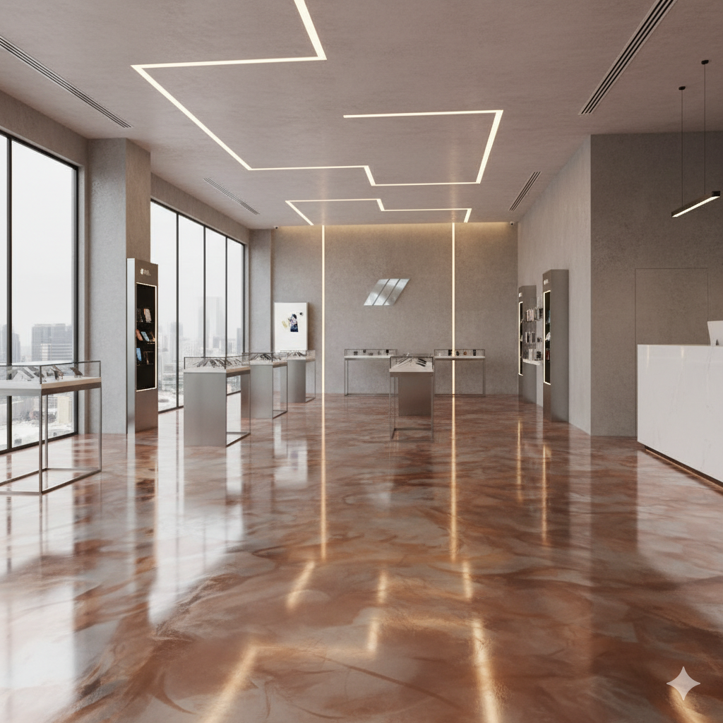 Luxury showroom after copper and bronze metallic epoxy floor