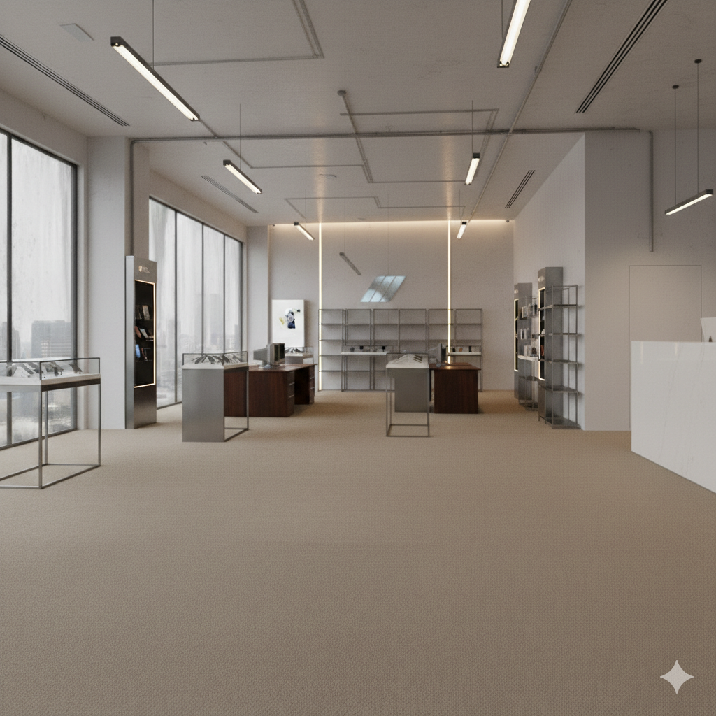 Luxury retail space with plain floor before metallic epoxy coating