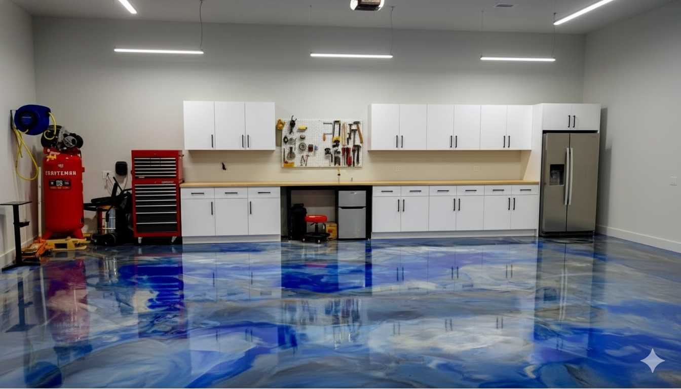 Garage floor after blue metallic epoxy